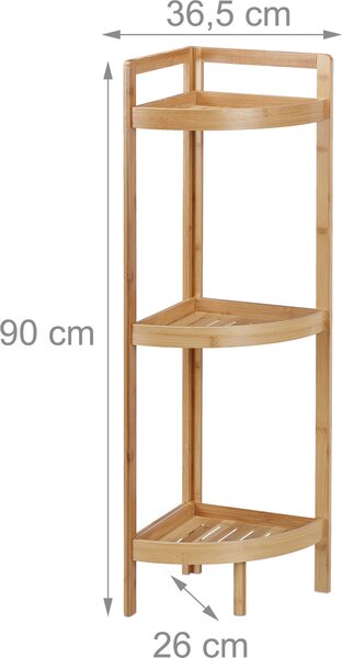 Relaxdays Rohová polička z bambusu, 3 půlkruhové police, rozměry: 90 x 36,5 x 26 cm, stojací polička do koupelny a kuchyně, úspora místa, přírodní