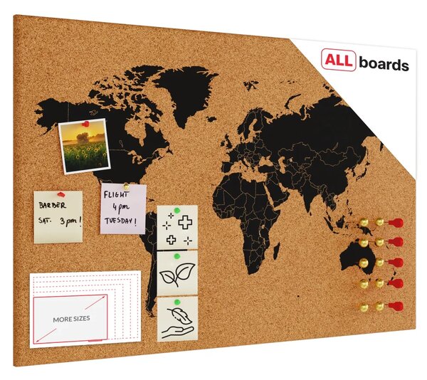 ALLboards Korková tabule MAPA SVĚTA, bezrámová 90x60 cm TK96_MAP
