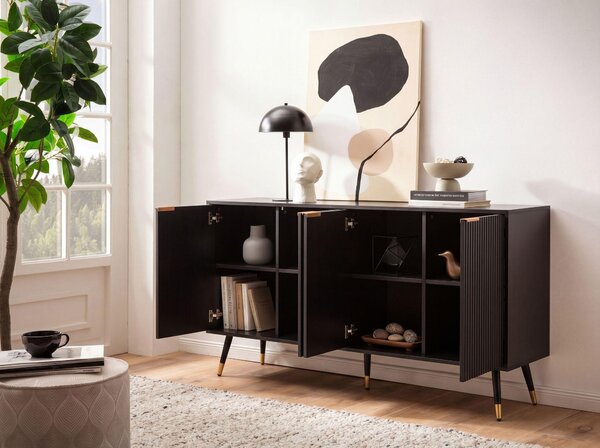 FineBuy Příborník 150x81x39 cm Příborník černý s dekorem dubu Komoda s dvířky Komoda do předsíně Moderní podlahová skříň Obývací pokoj