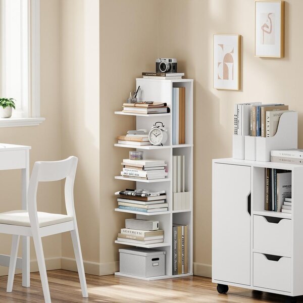 SoBuy Rohový regál bílý se 7 policemi, moderní minimalistický, do obývacího pokoje Vysoký úzký regál ve tvaru L se STR14-W