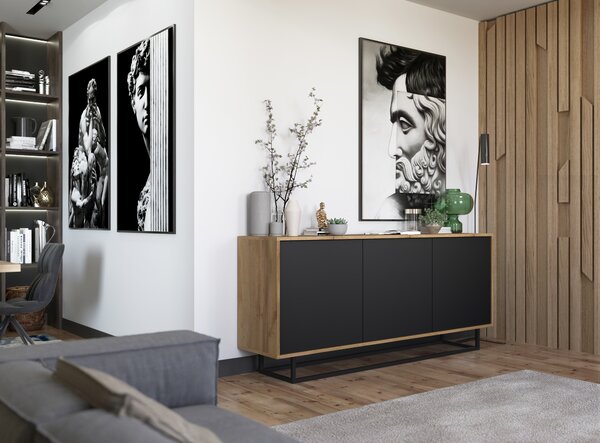 Komoda RTV ve stylu loft Dub Wotan Apollo 3D - Moderní - Nábytek Lindner - 168cm x 35cm x 72 cm Barva: dub Wotan matný - černá matná