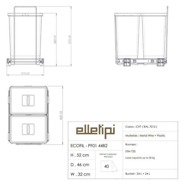 Vestavný odpadkový koš Elletipi ECOFIL s víkem Flip-up - výsuvný, s rámem, 24+24 L