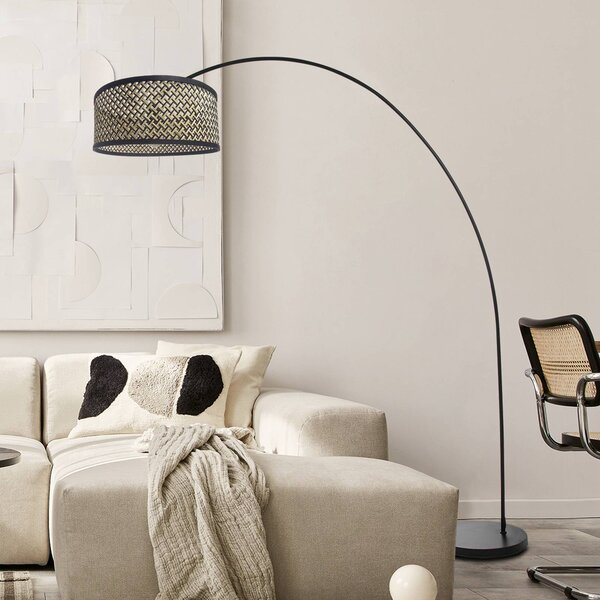 Mexlite Luková lampa Solva, černá, pletivový stínidlo černé/dřevěné, Černá, Obývací pokoj / jídelna, kov