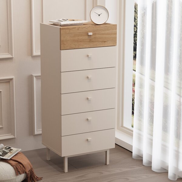 Komoda Lukex 5 (písková + dub). Akce -20%