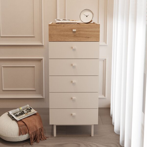 Komoda Lukex 5 (písková + dub). Akce -20%