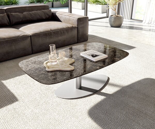 DELIFE Konferenční stolek Edge Boot 120x70 cm keramika Laminam® Emperador Extra Lucidato tmavě hnědá Vibany nerezová ocel broušená