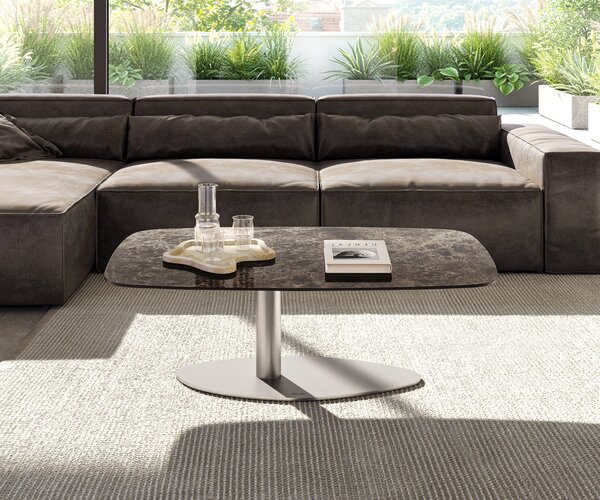 DELIFE Konferenční stolek Edge Boot 120x70 cm keramika Laminam® Emperador Extra Lucidato tmavě hnědá Vibany nerezová ocel broušená