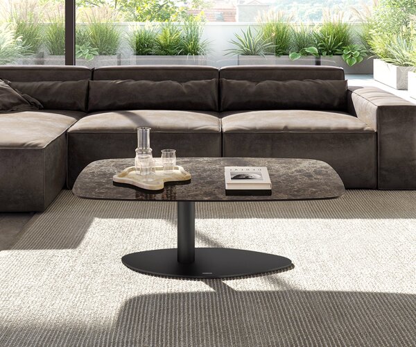 DELIFE Konferenční stolek Edge oválný tvar 120x70 cm keramika Laminam® Emperador Extra Lucidato tmavě hnědá Vibany kov černá