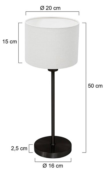 Mexlite Stolní lampa Noor, černá/bílý plátno, výška 50 cm, E27, Černá, Obývací pokoj / jídelna, kov