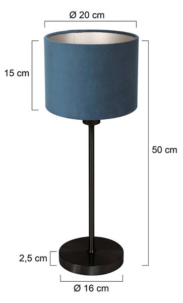 Mexlite Stolní lampa Noor, černá/modrý velur, výška 50 cm, E27, Černá, Obývací pokoj / jídelna, kov