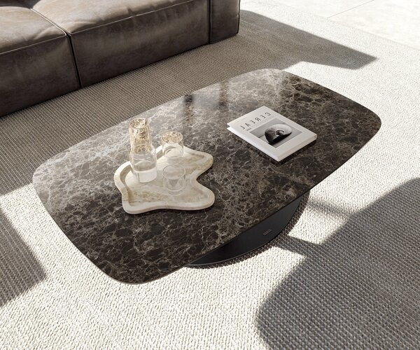 DELIFE Konferenční stolek Edge oválný tvar 120x70 cm keramika Laminam® Emperador Extra Lucidato tmavě hnědá Vibany kov černá