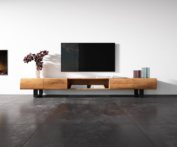 DELIFE TV stolek New Live-Edge 240 cm akácie přírodní 4 dvířka 1 přihrádka kovová tenká podnož černá