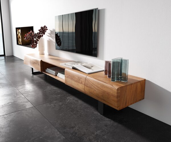 DELIFE TV stolek New Live-Edge 240 cm akácie přírodní 4 dvířka 1 přihrádka kovová tenká podnož černá