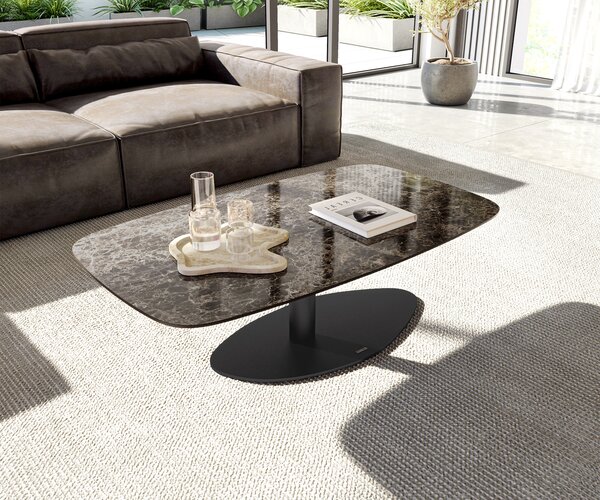 DELIFE Konferenční stolek Edge oválný tvar 120x70 cm keramika Laminam® Emperador Extra Lucidato tmavě hnědá Vibany kov černá