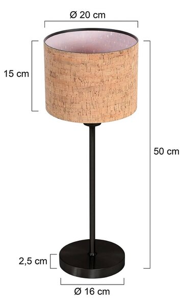 Mexlite Stolní lampa Noor černá/hnědý korek, výška 50 cm, E27, Černá, Obývací pokoj / jídelna, kov