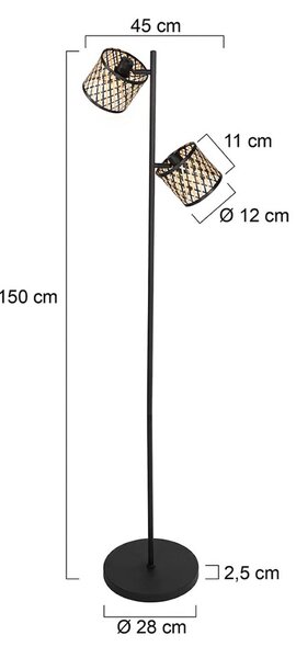 Mexlite Stojací lampa Sumba, 2 žárovky, černá, bambus přírodní/černý, E14, Černá, Obývací pokoj / jídelna, kov