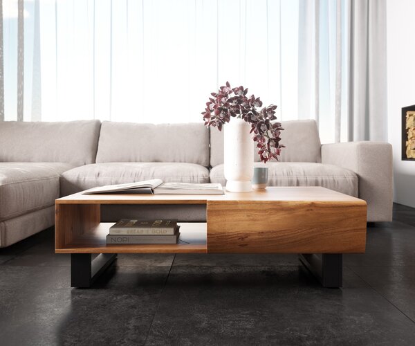 DELIFE Konferenční stolek New Live-Edge 115x60 cm akácie přírodní 2 zásuvky 1 přihrádka kovová tenká podnož černá