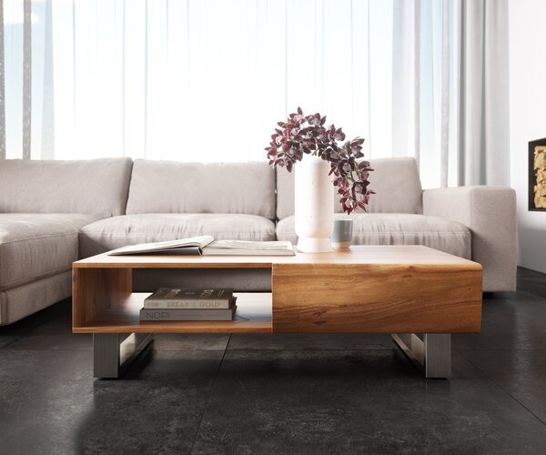 DELIFE Konferenční stolek New Live-Edge 115x60 cm akácie přírodní 2 zásuvky 1 přihrádka tenká podnož nerezová ocel broušená