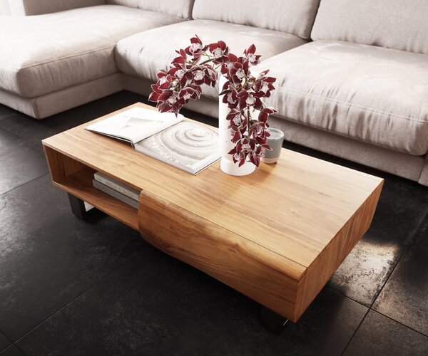 DELIFE Konferenční stolek New Live-Edge 115x60 cm akácie přírodní 2 zásuvky 1 přihrádka tenká podnož nerezová ocel broušená
