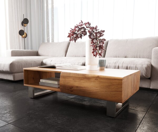DELIFE Konferenční stolek New Live-Edge 115x60 cm akácie přírodní 2 zásuvky 1 přihrádka tenká podnož nerezová ocel broušená