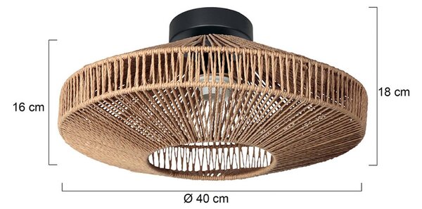 Anne Light Stropní světlo Bloeba, černé, s hnědým lanovým potahem, Ø 40 cm, stmívatelný, Černá, Obývací pokoj / jídelna, kov