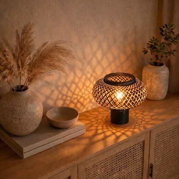 Steinhauer Stolní lampa Bloeba, černá, bambusové pletivo, Ø 22,5 cm, Černá, Obývací pokoj / jídelna, kov