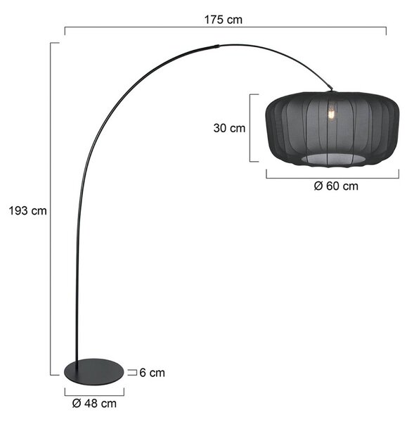 Anne Light Obloukové svítidlo Curve, černé, stínidlo na lampu z černého nylonu, Ø 60 cm, Černá, Obývací pokoj / jídelna, kov, Moderní