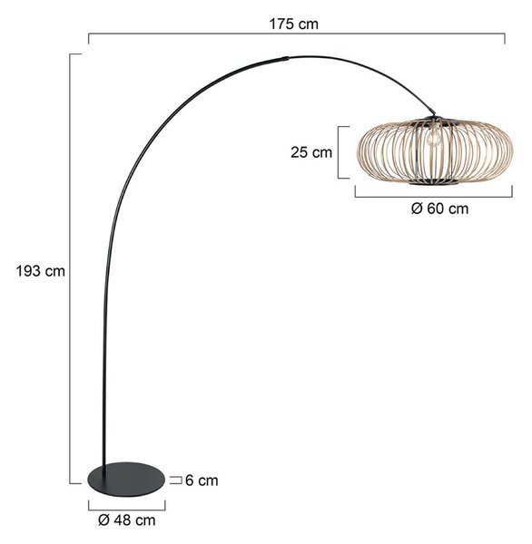 Anne Light Obloukové svítidlo Curve, černé, stínidlo na lampu s bambusovými výztuhami, Ø, Černá, Obývací pokoj / jídelna, kov