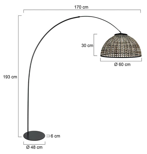 Anne Light Obloukové svítidlo Curve, černé, stínidlo na lampu z bambusového proutí, Ø 60 cm, Černá, Obývací pokoj / jídelna, kov