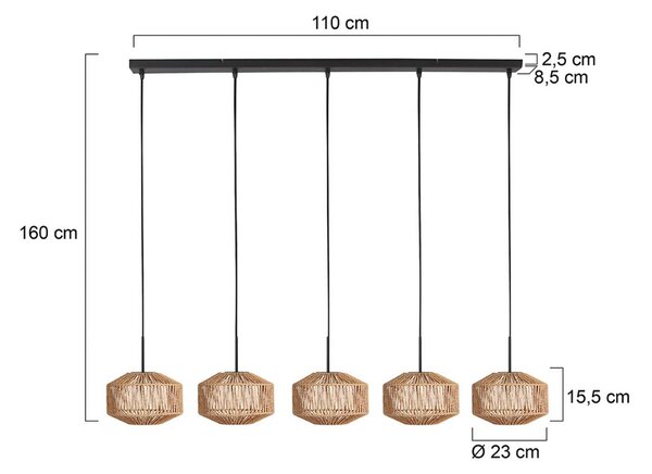 Anne Light Závěsné světlo Ropex 4530, 5 žárovek, dlouhé, černé, lano hnědé, stmívatelný, Černá, Obývací pokoj / jídelna, kov