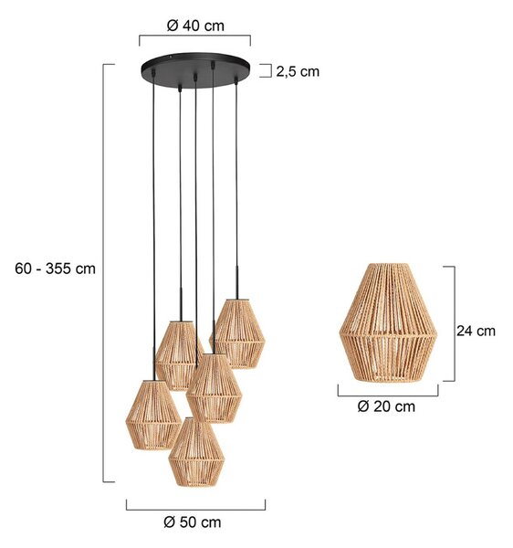 Anne Light Závěsné světlo Ropex 4526, 5 žárovek, kulaté, černé, lanko hnědé, stmívatelný, Černá, Obývací pokoj / jídelna, kov