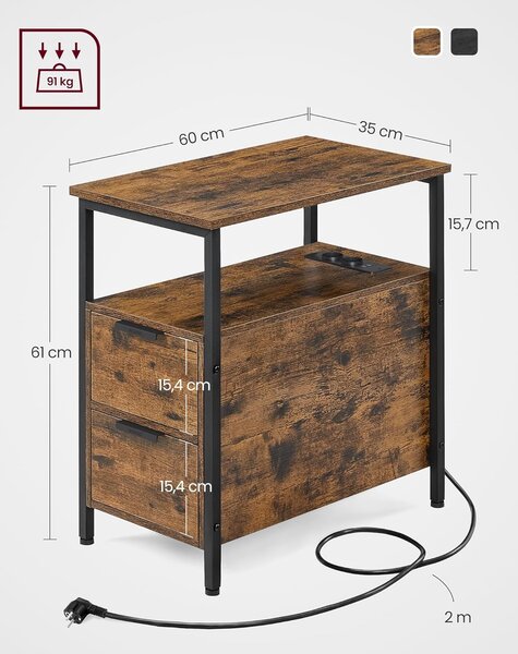Noční / Boční stolek Stranda s elektrickými a USB zásuvkami - 61x60x35 cm | hnědý