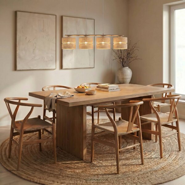 TK Lighting Závěsné světlo Calma, 4 žárovky, béžové, rafiová, délka 95 cm, stmívatelný, Krémová / jantar, Obývací pokoj / jídelna