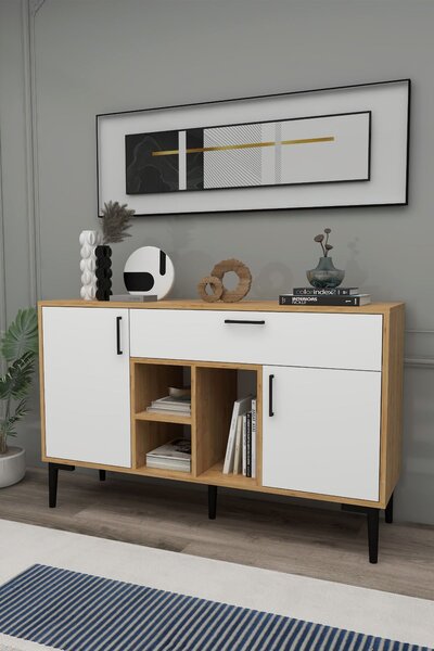 Komoda Trubas (dub safírový + bílá). Akce -20%