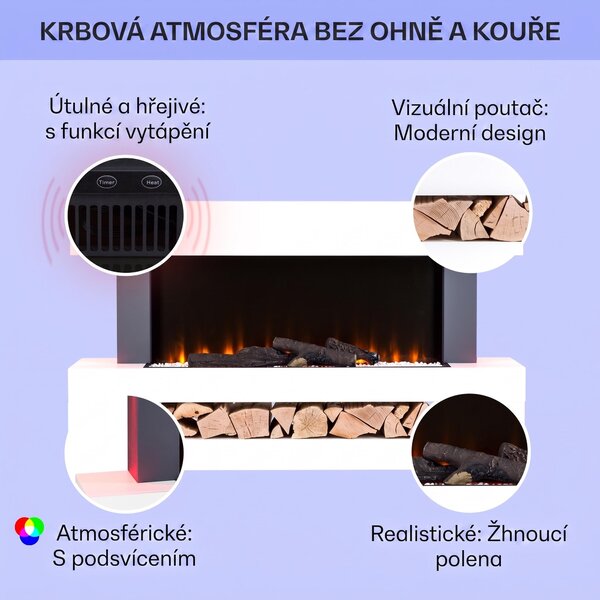 Klarstein Smart Dekorativní krb s LED plameny, elektrický krb s ohřívačem, 2000W elektrický krb, energeticky úsporný elektrický krb, nástěnný krb s dálkovým ovládáním a časovačem, elektrické krby s MDF krytem