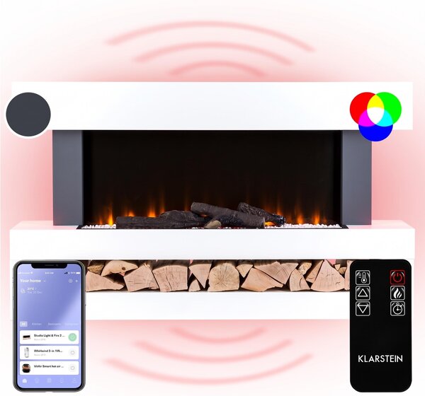 Klarstein Smart Dekorativní krb s LED plameny, elektrický krb s ohřívačem, 2000W elektrický krb, energeticky úsporný elektrický krb, nástěnný krb s dálkovým ovládáním a časovačem, elektrické krby s MDF krytem