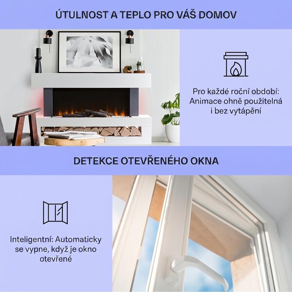 Klarstein Smart Dekorativní krb s LED plameny, elektrický krb s ohřívačem, 2000W elektrický krb, energeticky úsporný elektrický krb, nástěnný krb s dálkovým ovládáním a časovačem, elektrické krby s MDF krytem