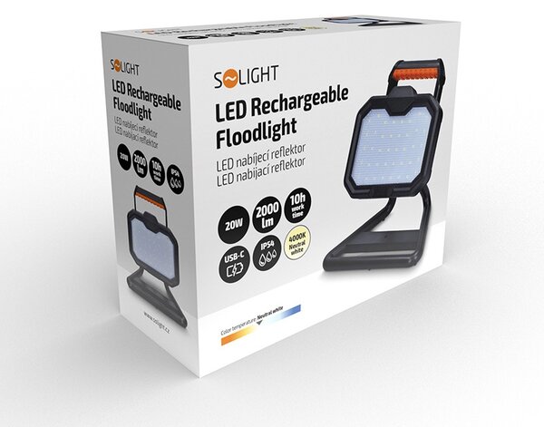 SOLIGHT LED reflektor 20W, přenosný, nabíjecí, 2000lm, oranžovo-černý