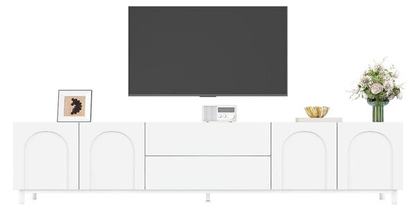 TV stolek se čtyřmi dvířky a dvěma zásuvkami, korpus z laminované dřevotřísky a MDF, nožky z ocelových trubek, moderní televizní stolek do obývacího pokoje s oblými dvířky, barva: bílá