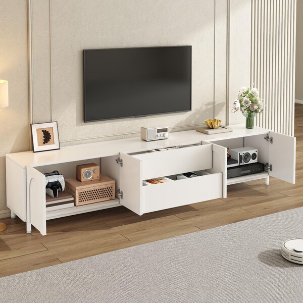 TV stolek se čtyřmi dvířky a dvěma zásuvkami, korpus z laminované dřevotřísky a MDF, nožky z ocelových trubek, moderní televizní stolek do obývacího pokoje s oblými dvířky, barva: bílá