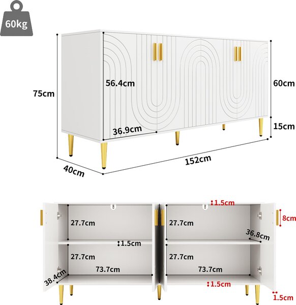 Komoda, rozměry 152x40x75 cm, s vlnitým designem, zlaté úchytky a nožky, elegantní. Bílá barva