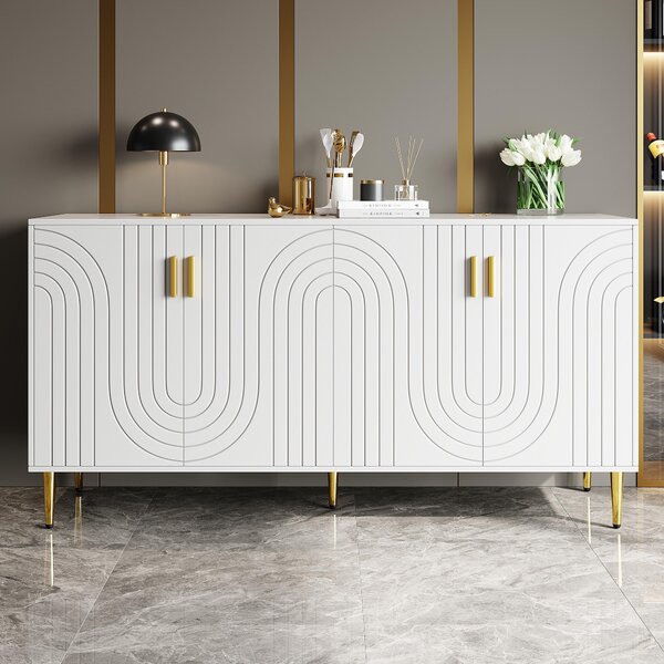 Komoda, rozměry 152x40x75 cm, s vlnitým designem, zlaté úchytky a nožky, elegantní. Bílá barva