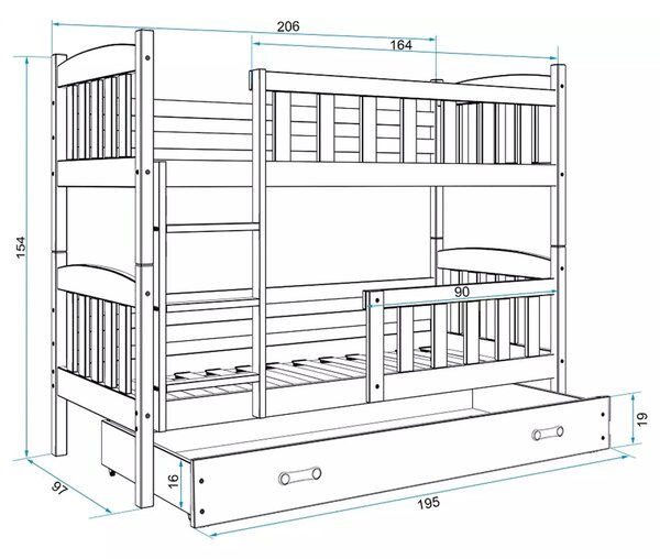 Dětská patrová postel KUBUS s úložným prostorem 90x200 cm - borovice Ružové