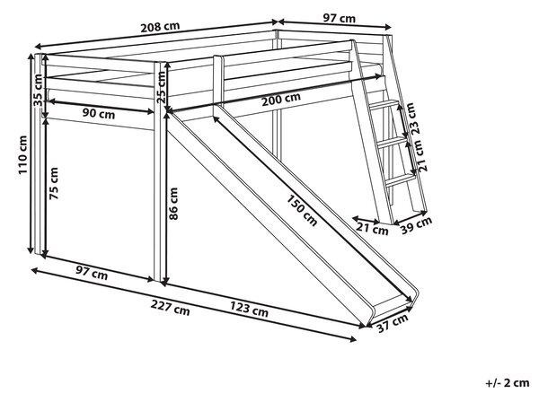 Zvýšené lůžko Borovicové dřevo STAPLE 90 x 200 cm se skluzavkou Bílá