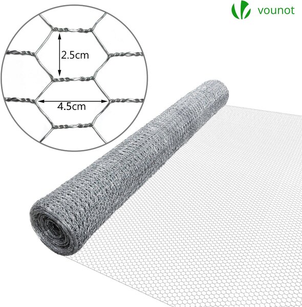 VOUNOT® Drátěný plot s šestihranným pletivem, drátěný plot, 1x25 m, velikost ok 25 mm, pozinkovaný, stříbrný