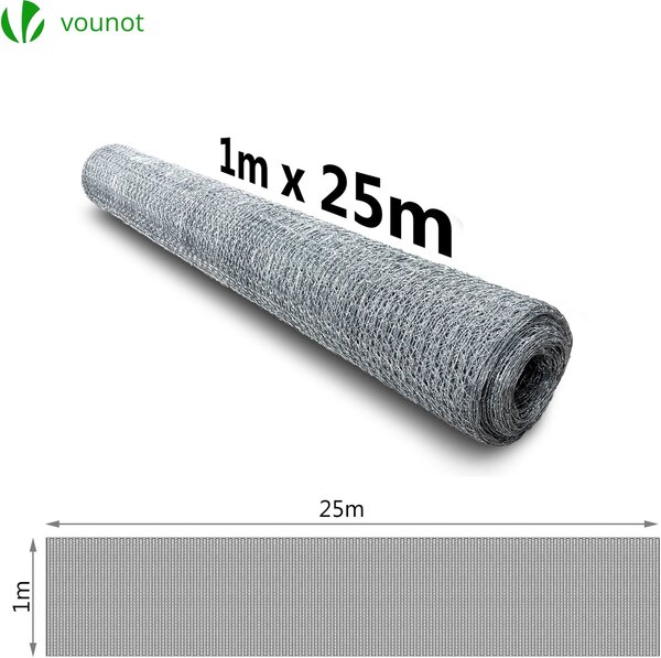 VOUNOT® Drátěný plot s šestihranným pletivem, drátěný plot, 1x25 m, velikost ok 25 mm, pozinkovaný, stříbrný