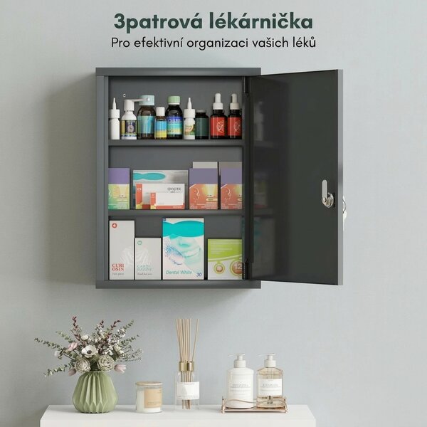 Lékárnička uzamykatelná se 3 přihrádkami, antracitová, 40 x 15 x 53,5 cm 834-554V01GB