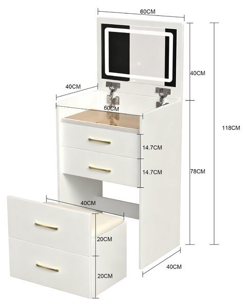 Kosmetický stolek 3 v 1, s otevřeným zrcadlem, skleněnou deskou, 3 zásuvkami, rozměry 60x118x40 cm. Černá barva