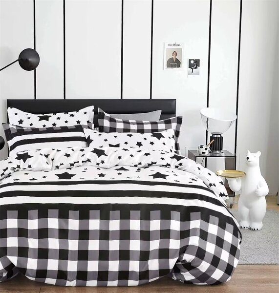 Bavlissimo Povlečení 140X200+70X90 Černé a bílé čtverce a hvězdy