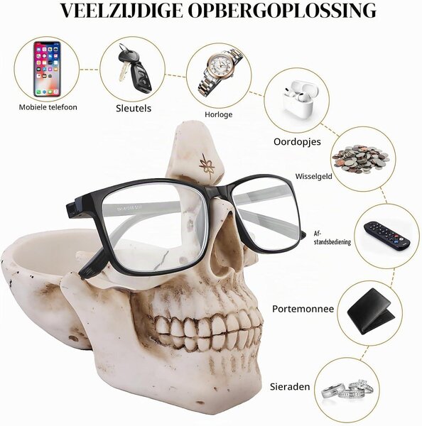 Držák na brýle ve tvaru lebky s úložným boxem, originální držák na brýle, který se hodí na noční stolek